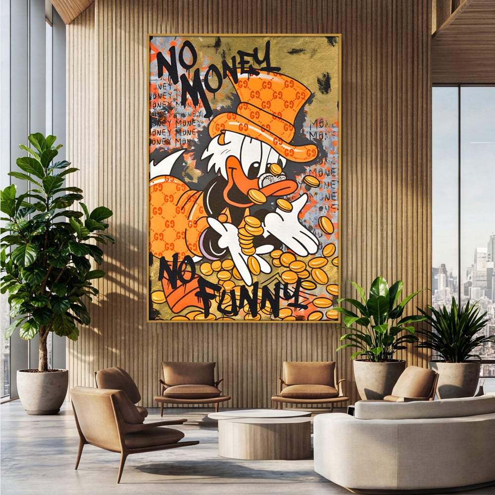 Tablou canvas cu tablou canvas cu rata stilizata, in rama de aluminiu auriu, pe perete intr-un birou