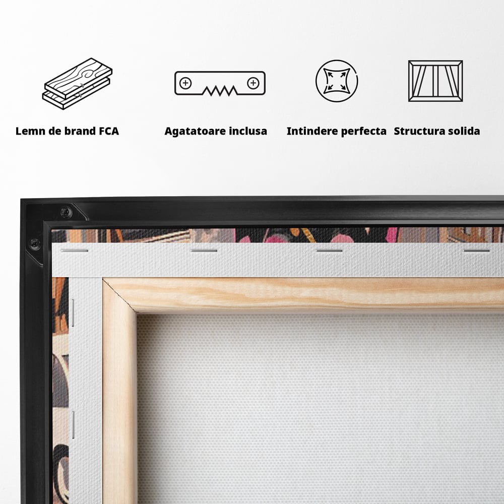 Spatele produsului, cu sasiu din lemn, capse metalice si agatatoare