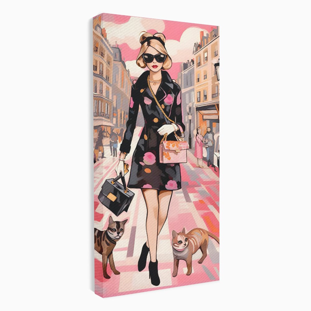 Tablou canvas cu ilustratie fashion cu femeie si pisici, fara rama, pe sasiu de lemn