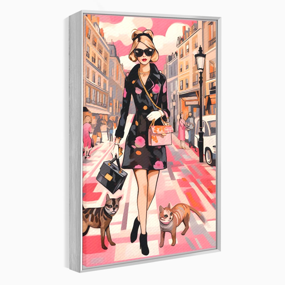 Tablou canvas cu ilustratie fashion cu femeie si pisici, in rama de aluminiu argintiu
