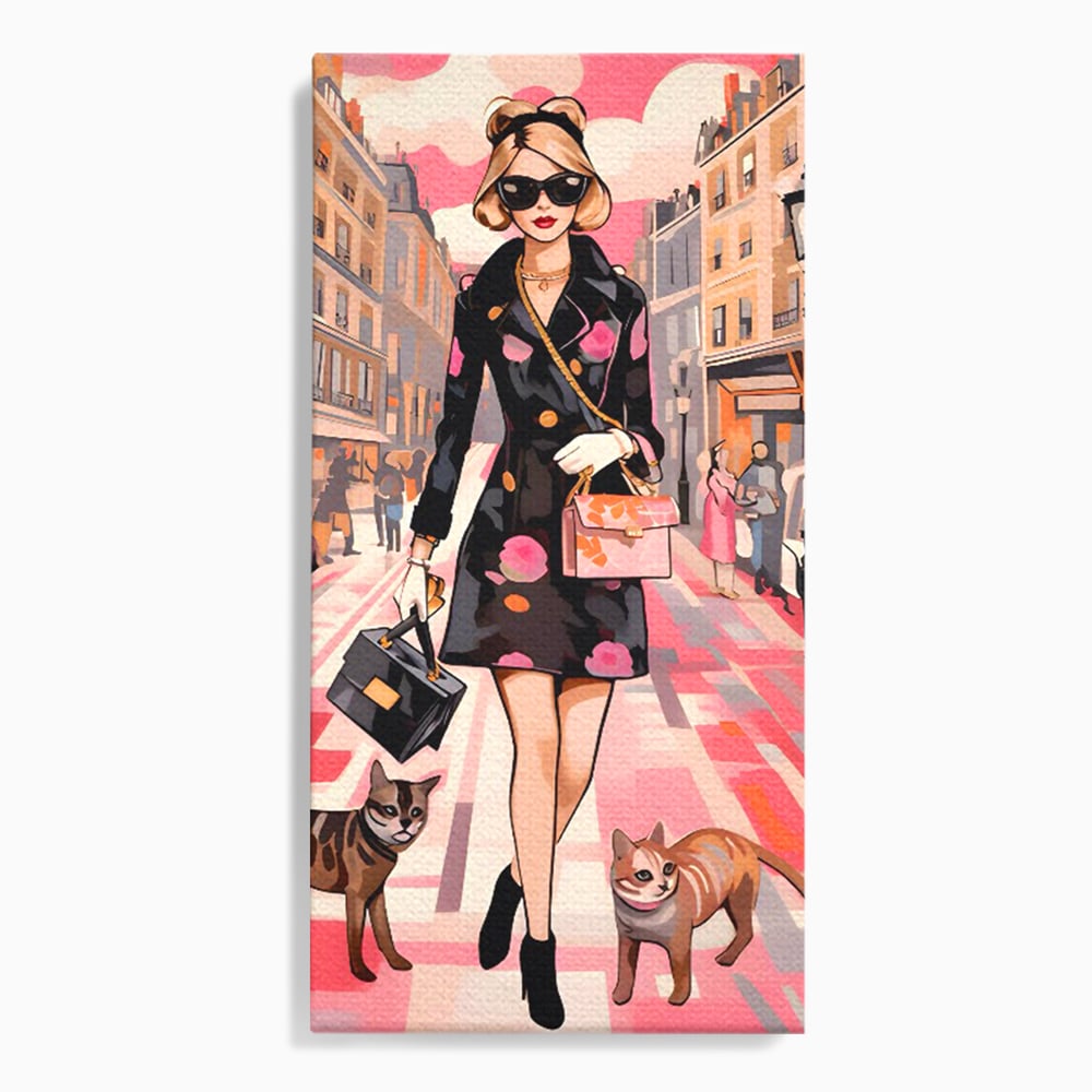 Tablou canvas cu ilustratie fashion cu femeie si pisici, fara rama, pe sasiu de lemn