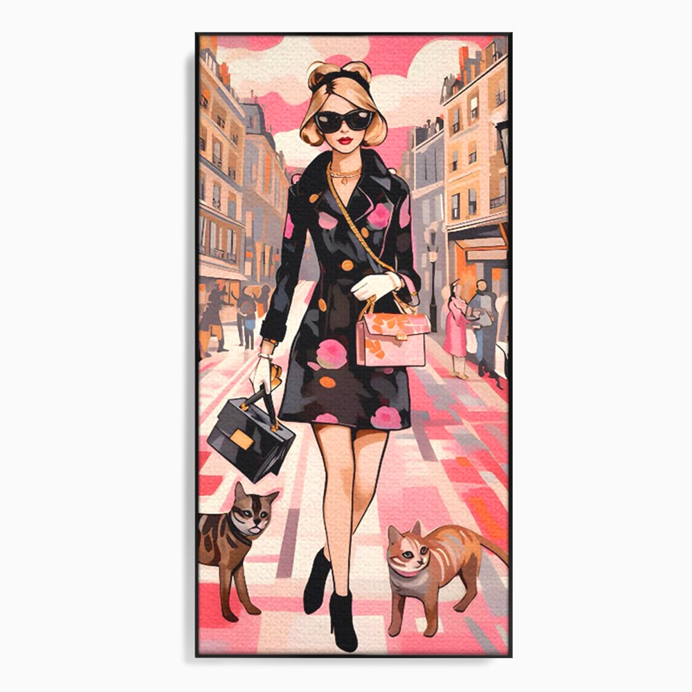 Tablou canvas cu ilustratie fashion cu femeie si pisici, in rama de aluminiu negru