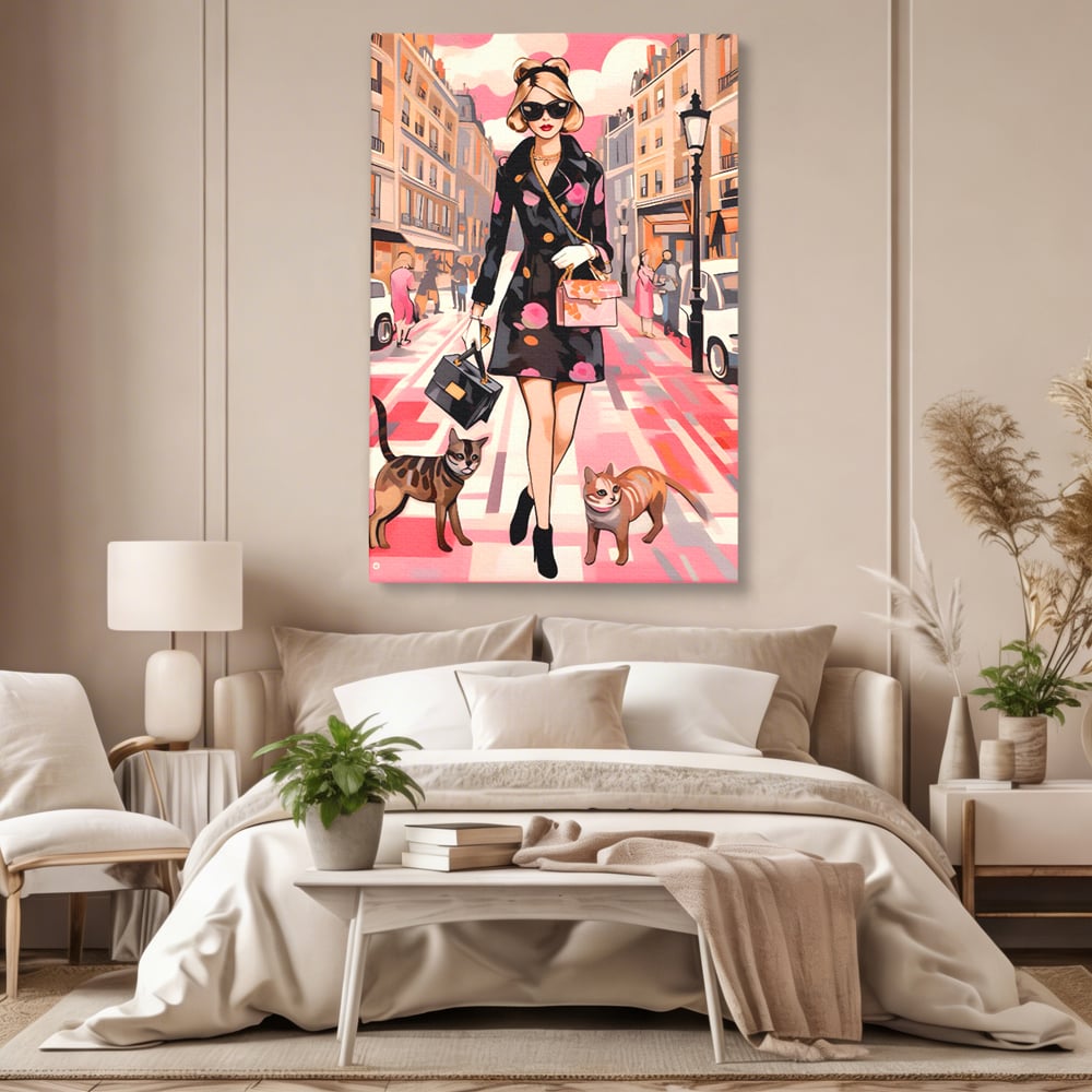 Tablou canvas cu ilustratie fashion cu femeie si pisici, fara rama, pe sasiu de lemn, pe perete intr-un dormitor