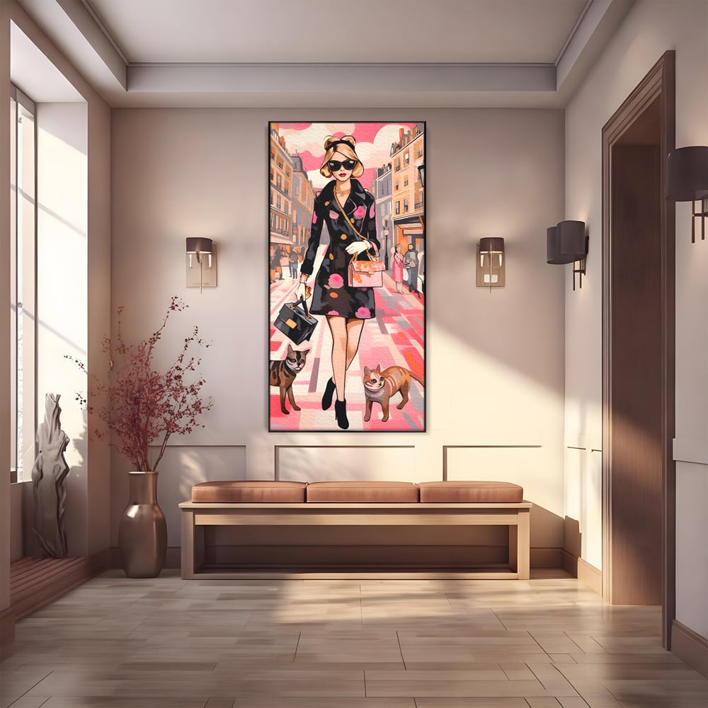 Tablou canvas cu ilustratie fashion cu femeie si pisici, in rama de aluminiu negru