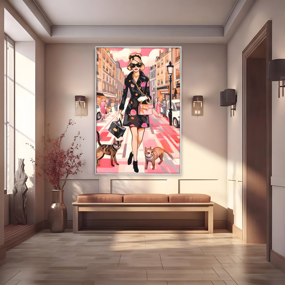 Tablou canvas cu ilustratie fashion cu femeie si pisici, in rama de aluminiu argintiu