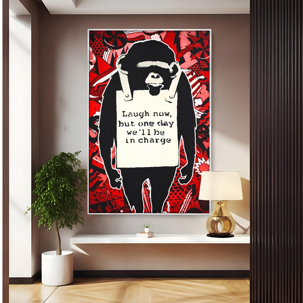 Tablou canvas cu tablou canvas cu cimpanzeu stilizat, in rama de aluminiu argintiu