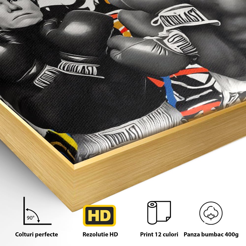 Detaliu al suprafetei: tablou canvas cu andy warhol si basquiat, in rama de aluminiu auriu