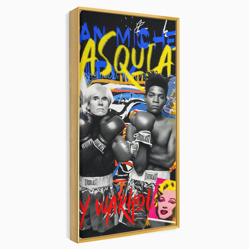 Tablou canvas cu tablou canvas cu andy warhol si basquiat, in rama de aluminiu auriu