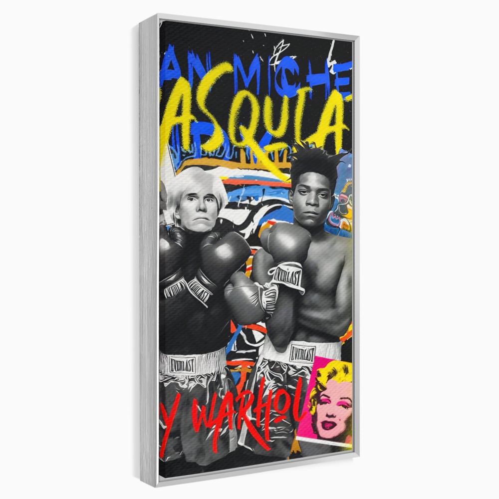 Tablou canvas cu tablou canvas cu andy warhol si basquiat, in rama de aluminiu argintiu