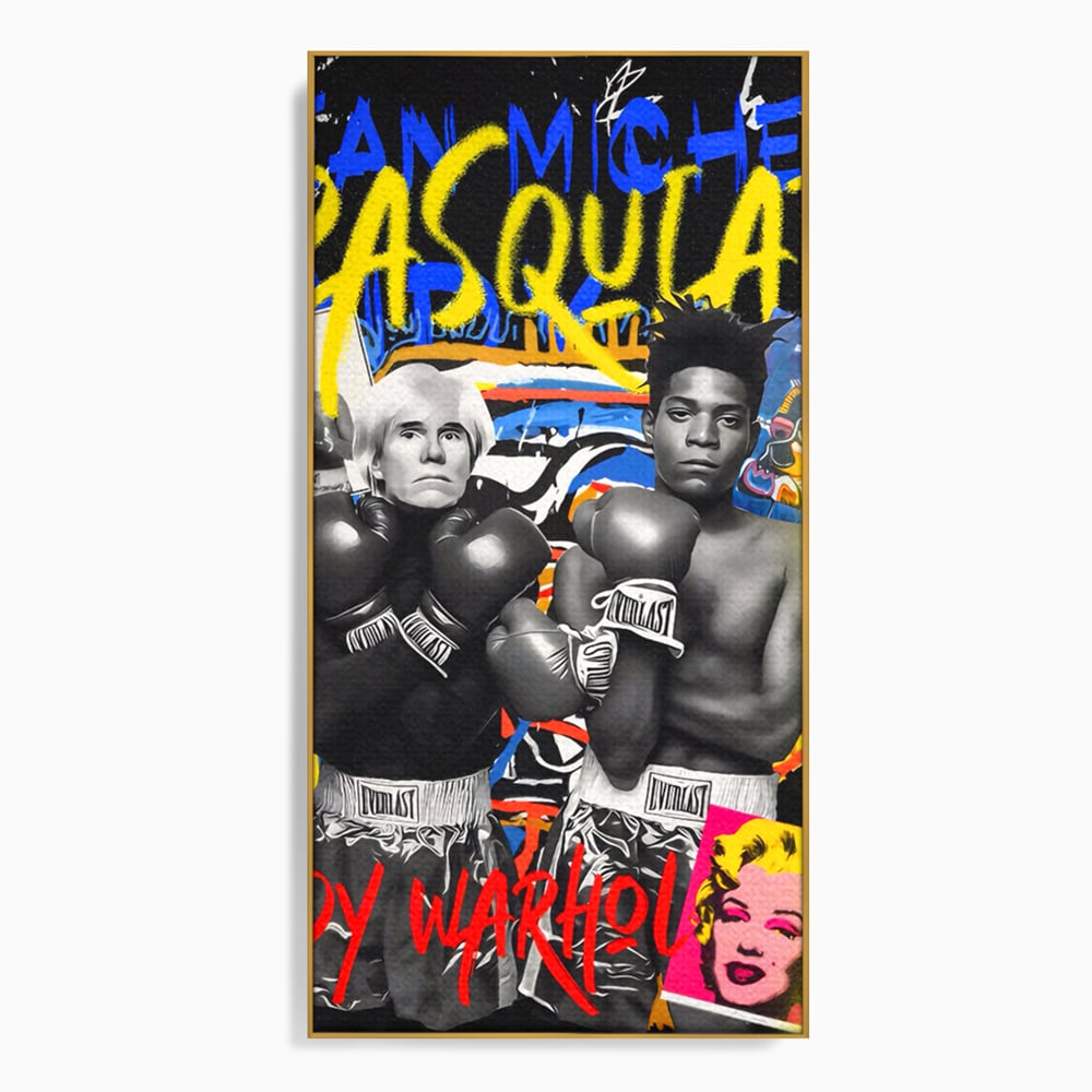 Tablou canvas cu tablou canvas cu andy warhol si basquiat, in rama de aluminiu auriu