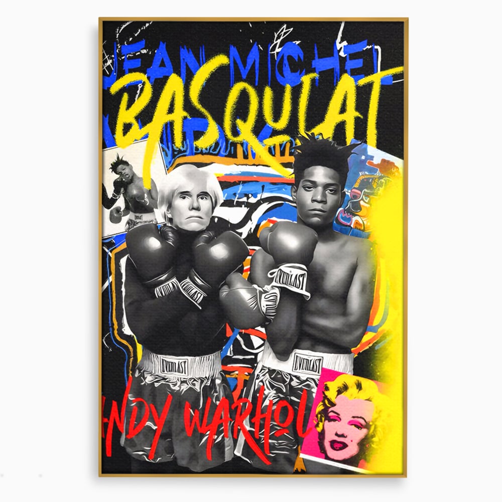 Tablou canvas cu tablou canvas cu andy warhol si basquiat, in rama de aluminiu auriu