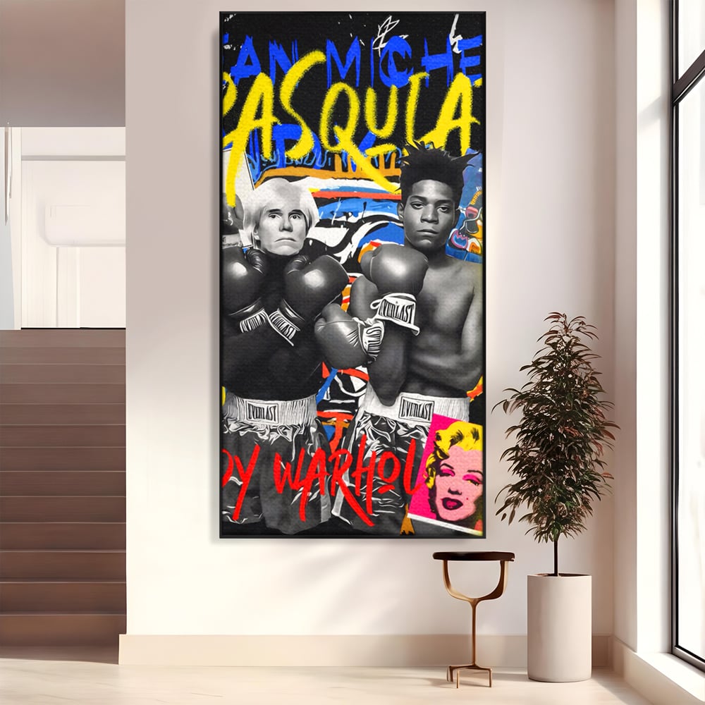 Tablou canvas cu tablou canvas cu andy warhol si basquiat, in rama de aluminiu negru