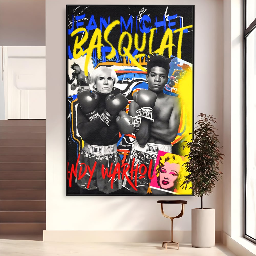 Tablou canvas cu tablou canvas cu andy warhol si basquiat, in rama de aluminiu negru