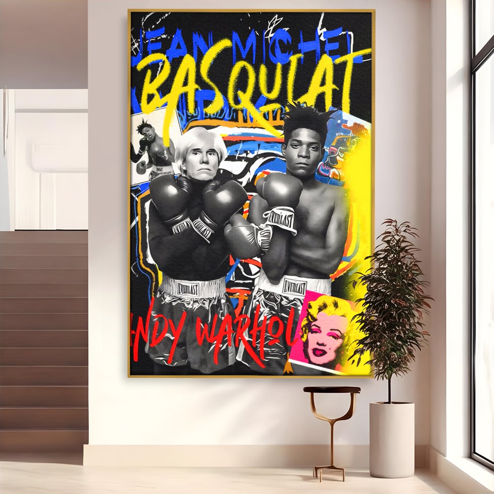 Tablou canvas cu tablou canvas cu andy warhol si basquiat, in rama de aluminiu auriu