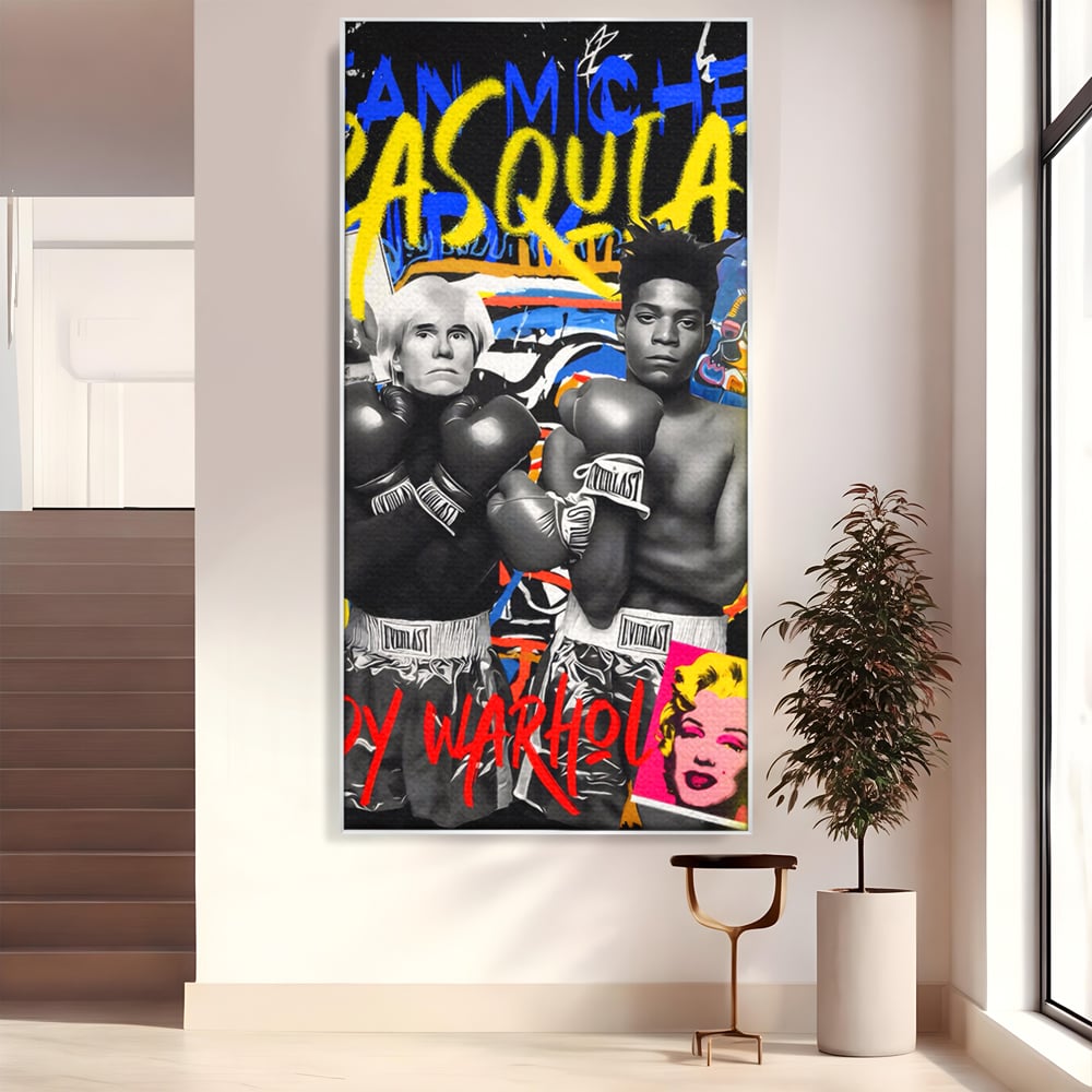 Tablou canvas cu tablou canvas cu andy warhol si basquiat, in rama de aluminiu argintiu