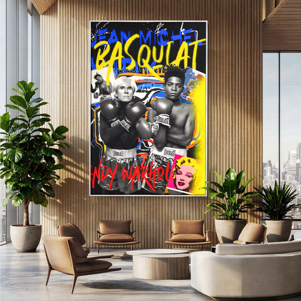 Tablou canvas cu tablou canvas cu andy warhol si basquiat, in rama de aluminiu argintiu, pe perete intr-un birou
