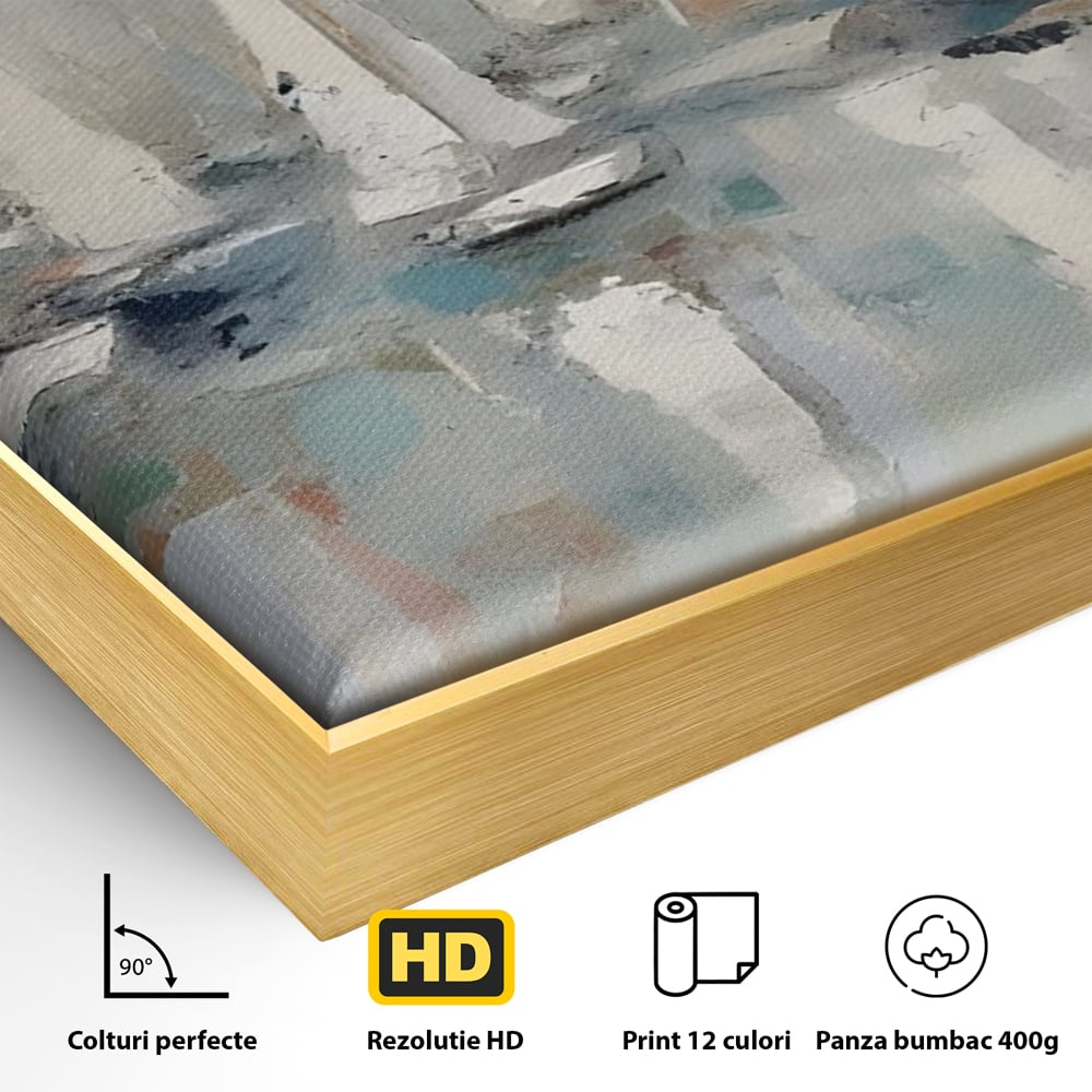 Detaliu al suprafetei: pictura abstracta cu barci cu panze, in rama de aluminiu auriu