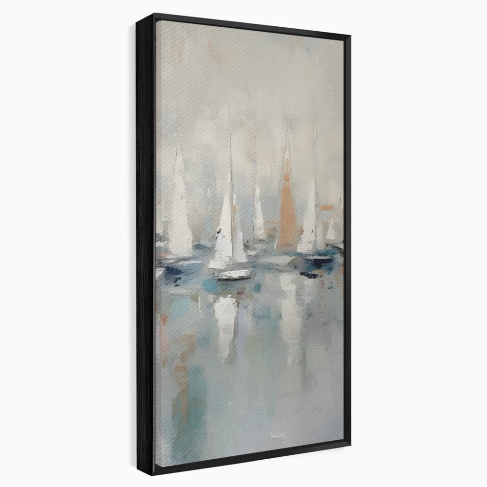 Tablou canvas cu pictura abstracta cu barci cu panze, in rama de aluminiu negru