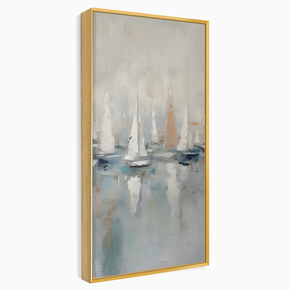 Tablou canvas cu pictura abstracta cu barci cu panze, in rama de aluminiu auriu