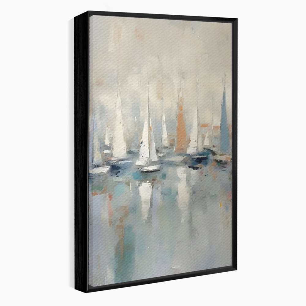 Tablou canvas cu pictura abstracta cu barci cu panze, in rama de aluminiu negru