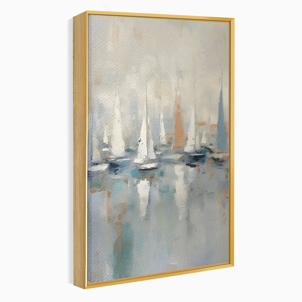 Tablou canvas cu pictura abstracta cu barci cu panze, in rama de aluminiu auriu