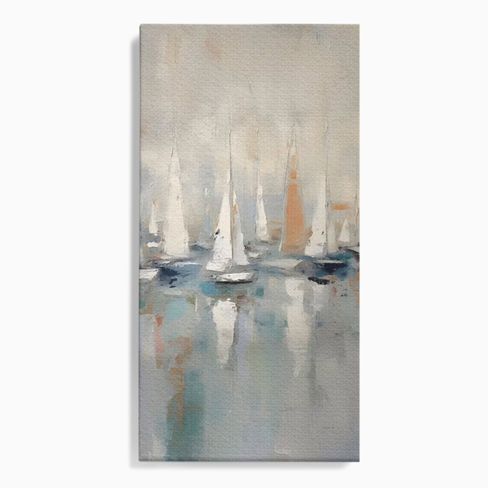 Tablou canvas cu pictura abstracta cu barci cu panze, fara rama, pe sasiu de lemn