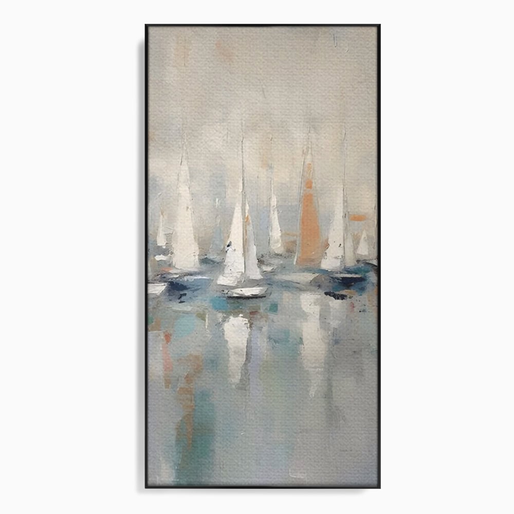 Tablou canvas cu pictura abstracta cu barci cu panze, in rama de aluminiu negru