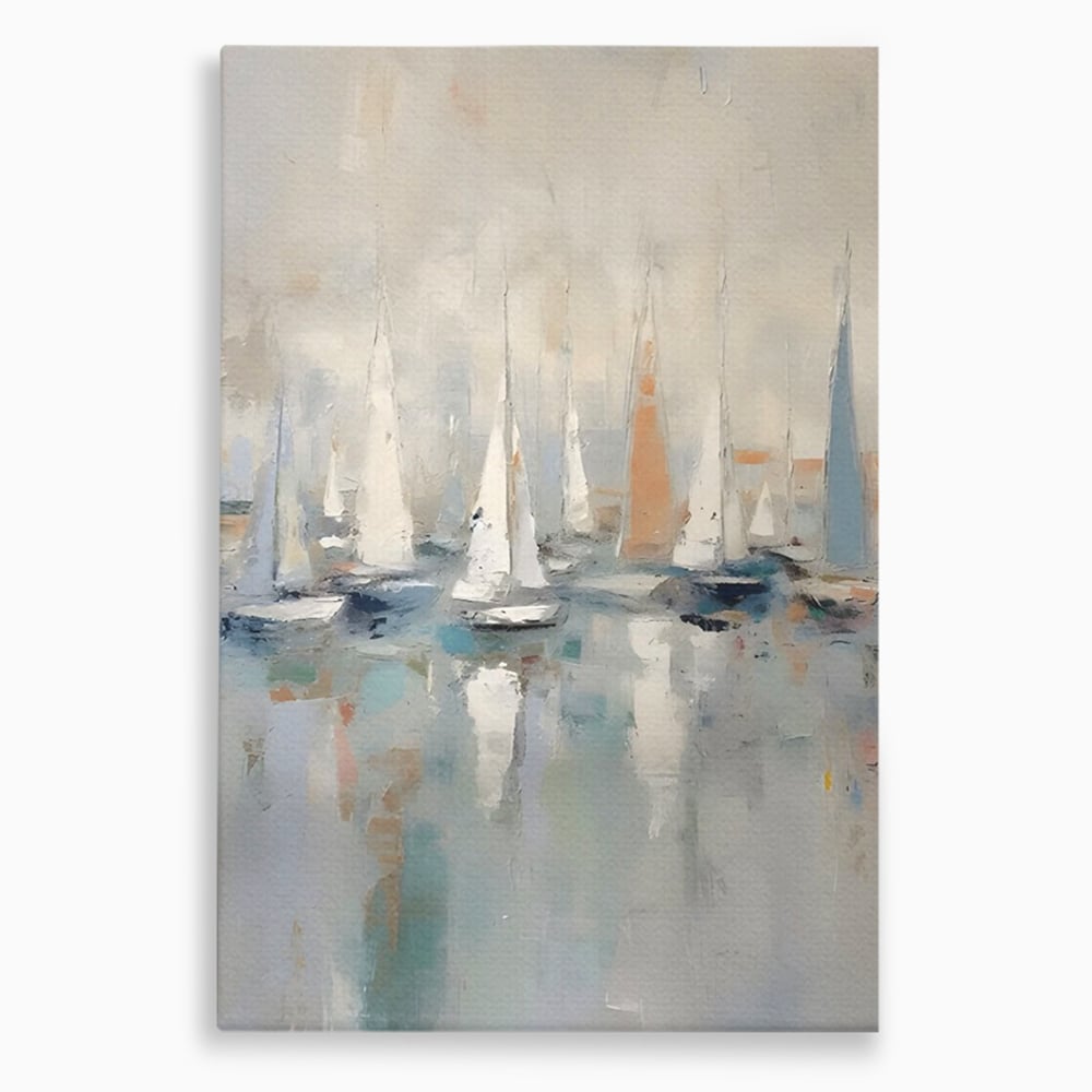 Tablou canvas cu pictura abstracta cu barci cu panze, fara rama, pe sasiu de lemn
