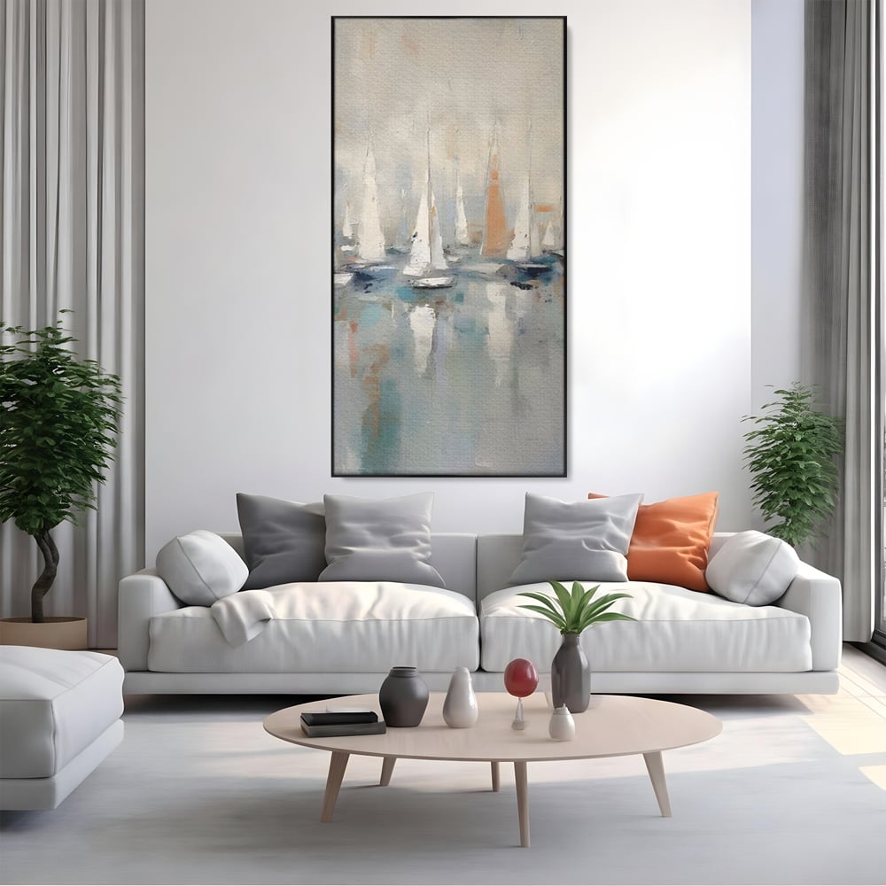 Tablou canvas cu pictura abstracta cu barci cu panze, in rama de aluminiu negru, pe perete intr-un living
