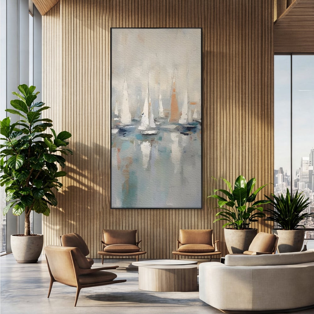 Tablou canvas cu pictura abstracta cu barci cu panze, in rama de aluminiu negru, pe perete intr-un birou