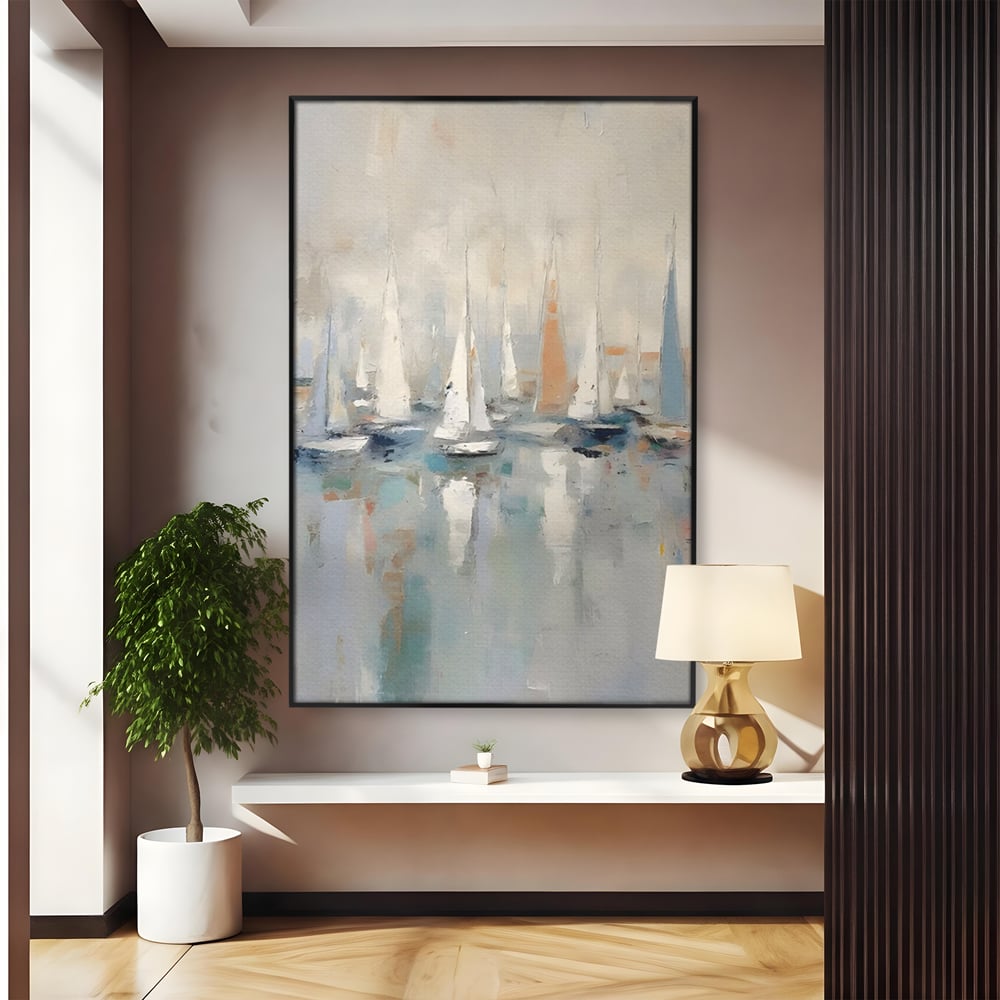 Tablou canvas cu pictura abstracta cu barci cu panze, in rama de aluminiu negru