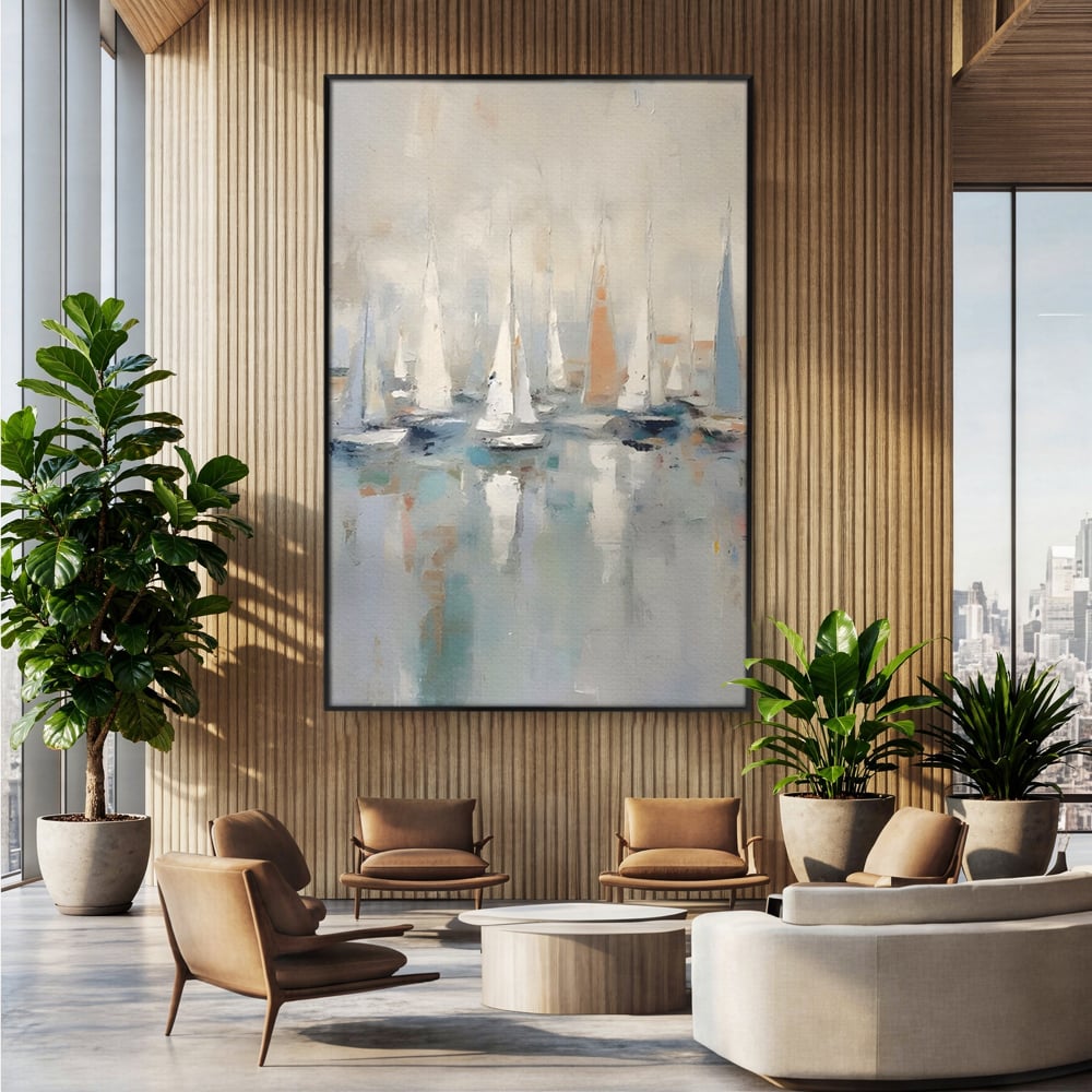 Tablou canvas cu pictura abstracta cu barci cu panze, in rama de aluminiu negru, pe perete intr-un birou