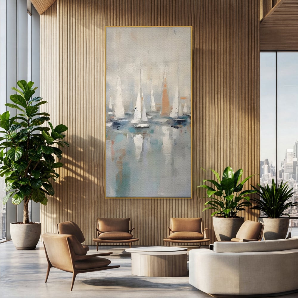 Tablou canvas cu pictura abstracta cu barci cu panze, in rama de aluminiu auriu, pe perete intr-un birou