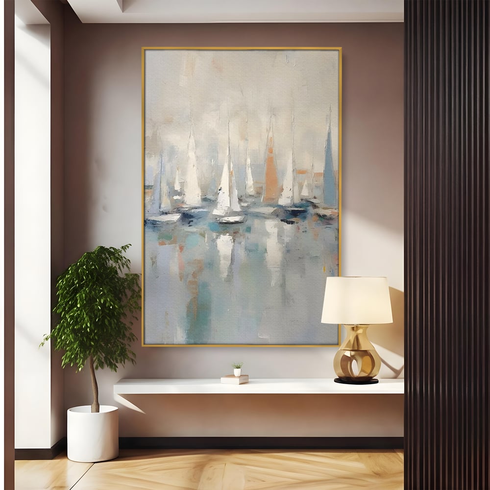 Tablou canvas cu pictura abstracta cu barci cu panze, in rama de aluminiu auriu