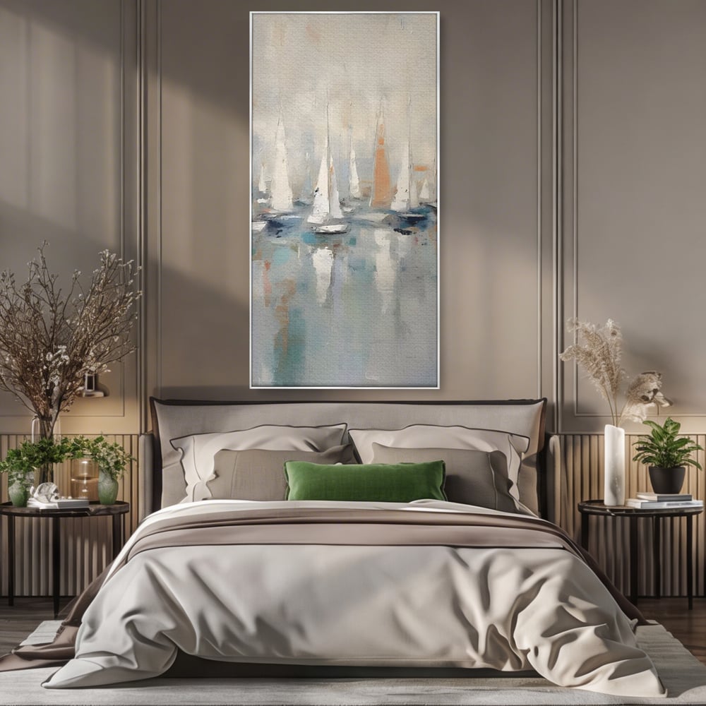 Tablou canvas cu pictura abstracta cu barci cu panze, in rama de aluminiu argintiu, pe perete intr-un dormitor