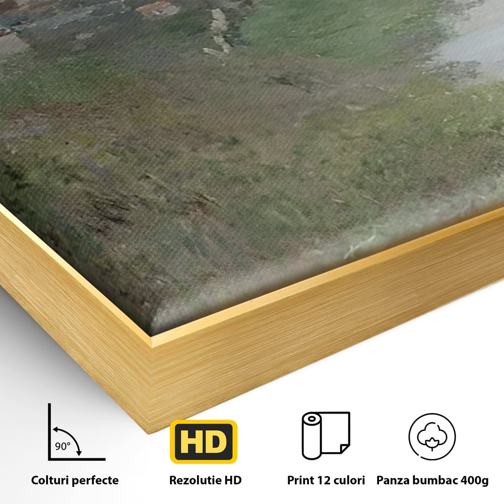 Detaliu al suprafetei: tablou canvas cu peisaj rural si rau, in rama de aluminiu auriu