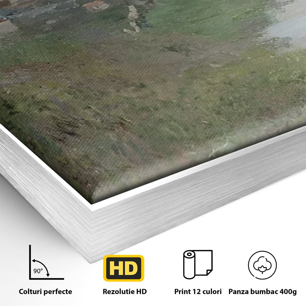 Detaliu al suprafetei: tablou canvas cu peisaj rural si rau, in rama de aluminiu argintiu