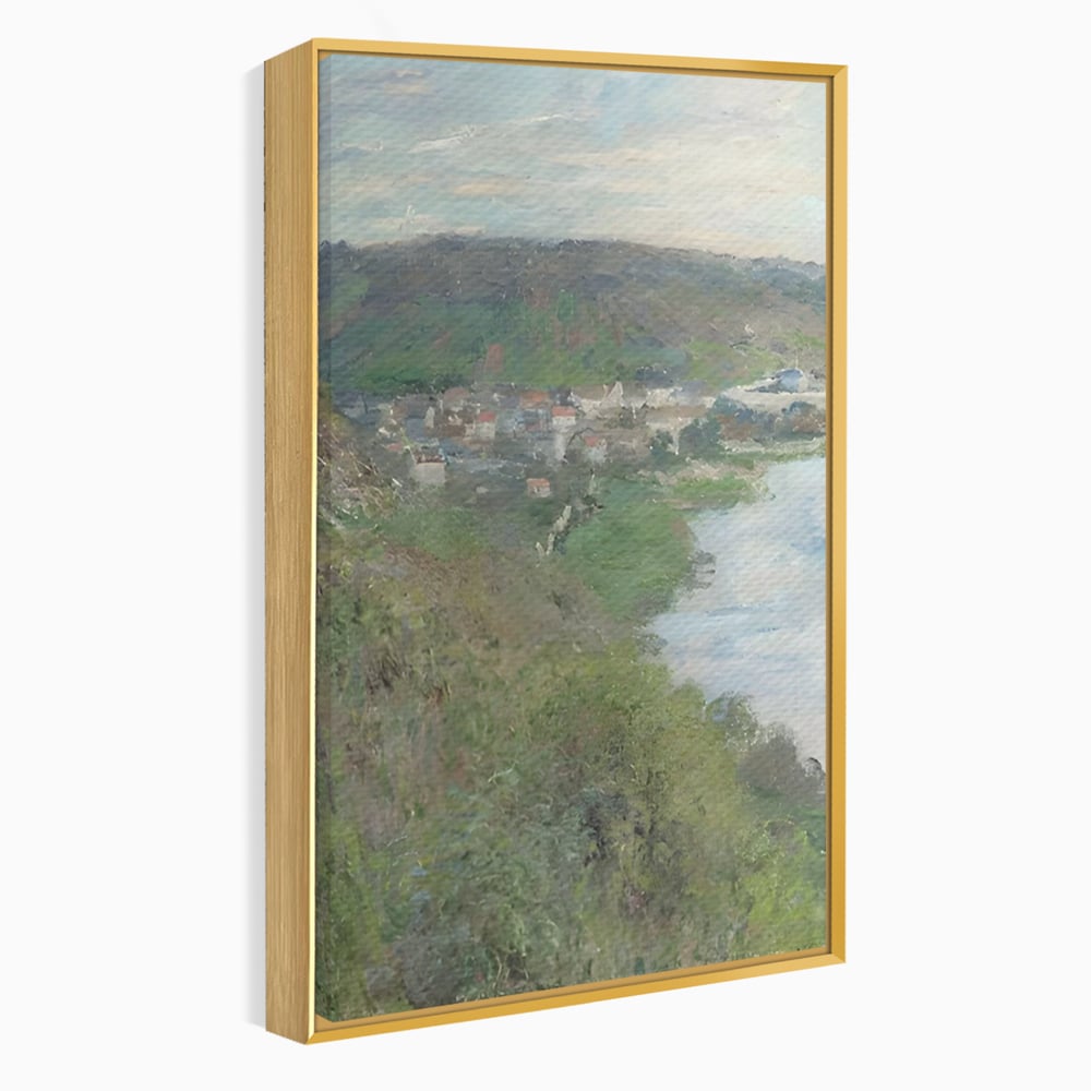 Tablou canvas cu tablou canvas cu peisaj rural si rau, in rama de aluminiu auriu