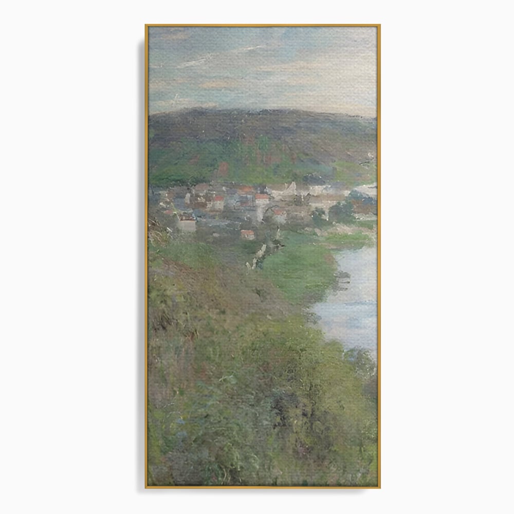 Tablou canvas cu tablou canvas cu peisaj rural si rau, in rama de aluminiu auriu