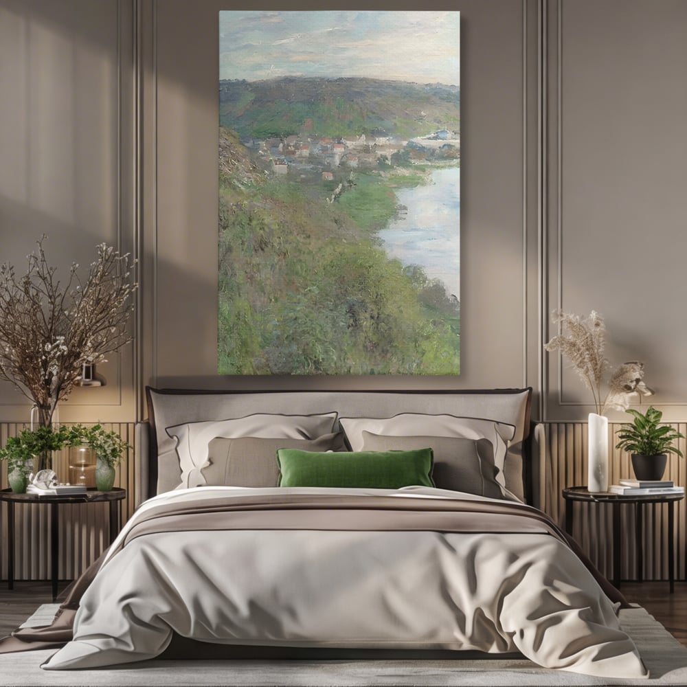 Tablou canvas cu tablou canvas cu peisaj rural si rau, fara rama, pe sasiu de lemn, pe perete intr-un dormitor