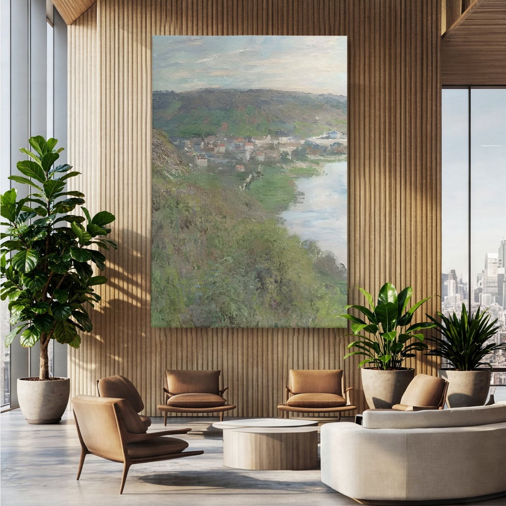 Tablou canvas cu tablou canvas cu peisaj rural si rau, fara rama, pe sasiu de lemn, pe perete intr-un birou