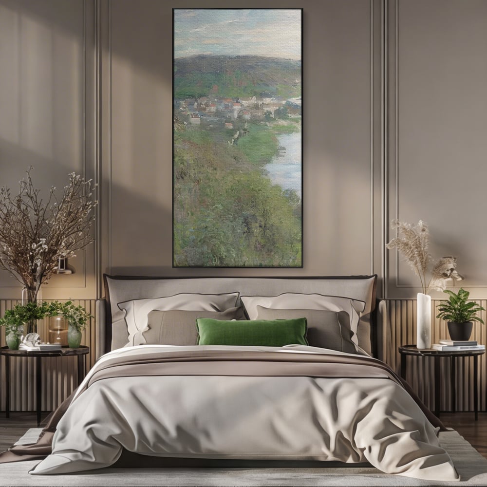 Tablou canvas cu tablou canvas cu peisaj rural si rau, in rama de aluminiu negru, pe perete intr-un dormitor