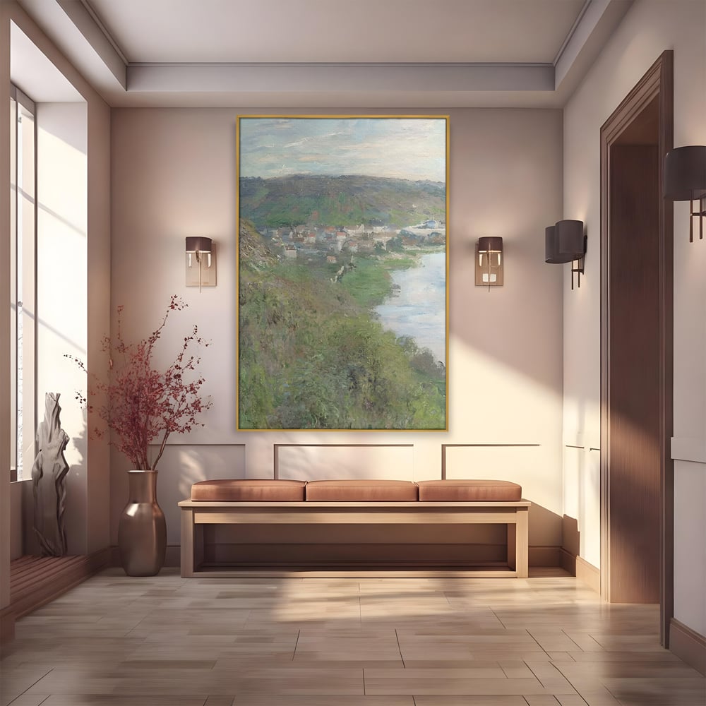 Tablou canvas cu tablou canvas cu peisaj rural si rau, in rama de aluminiu auriu