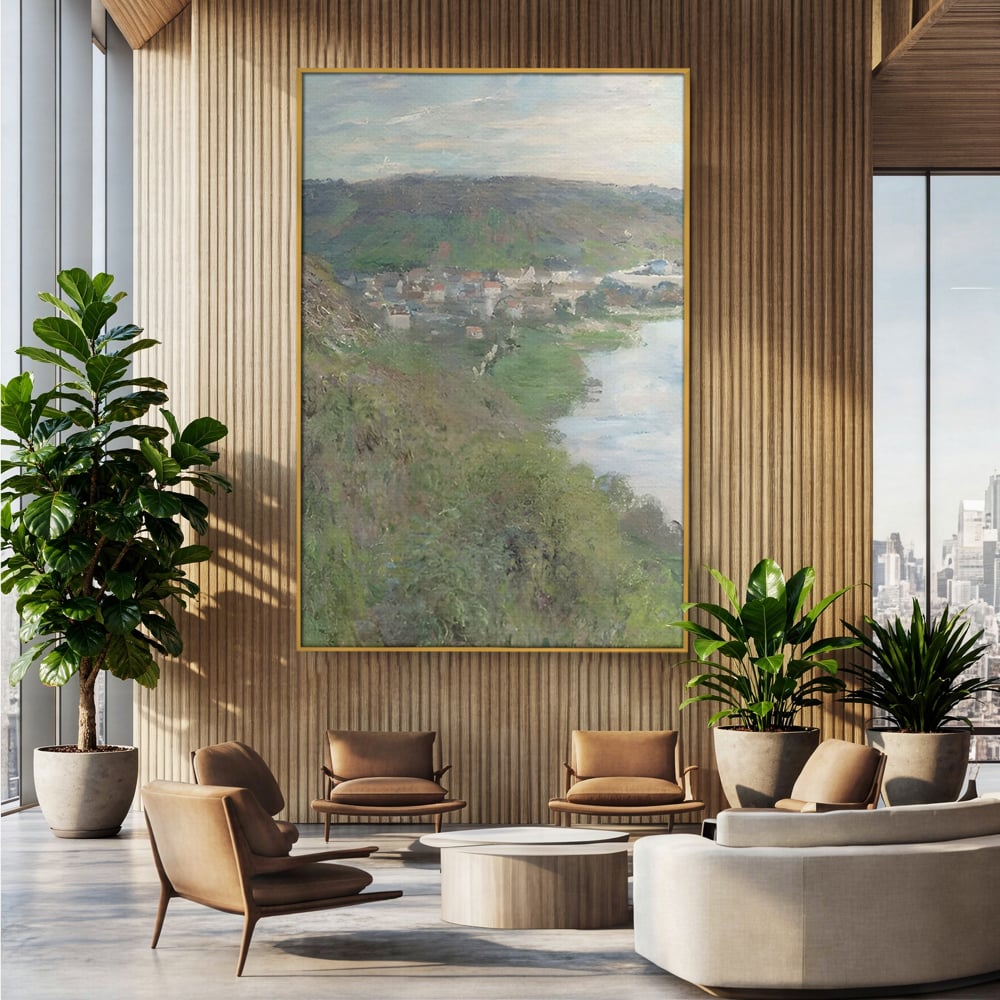 Tablou canvas cu tablou canvas cu peisaj rural si rau, in rama de aluminiu auriu, pe perete intr-un birou