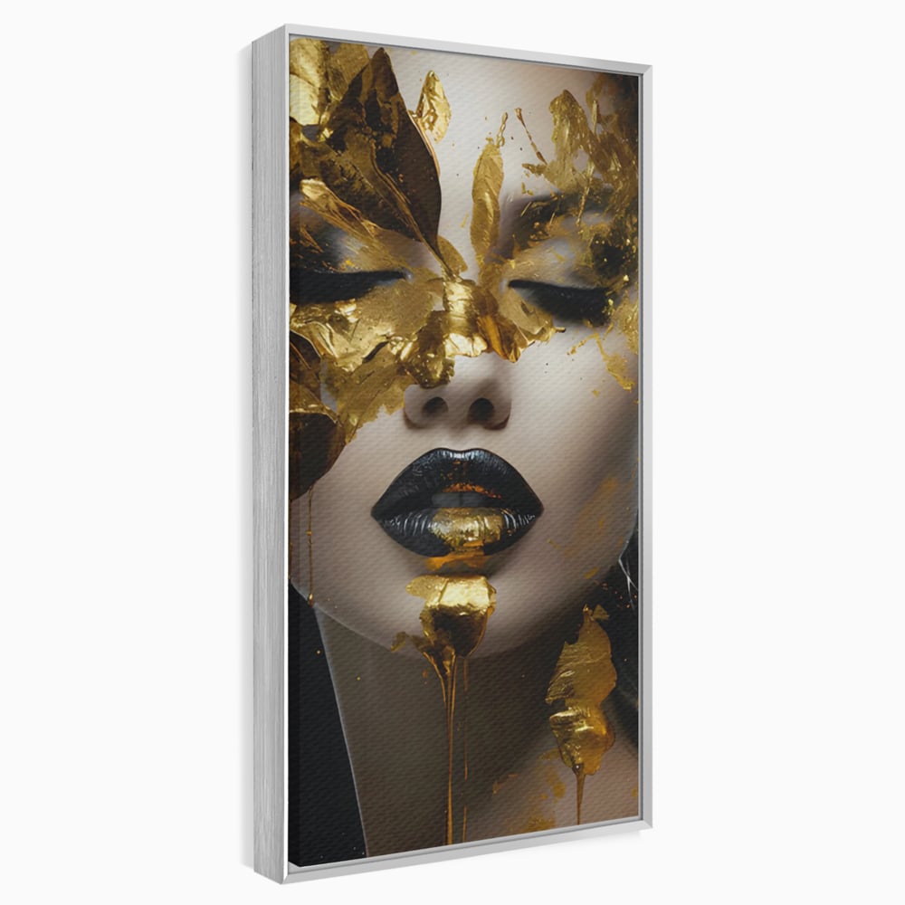 Tablou canvas cu tablou canvas cu portret femeie si foita de aur, in rama de aluminiu argintiu