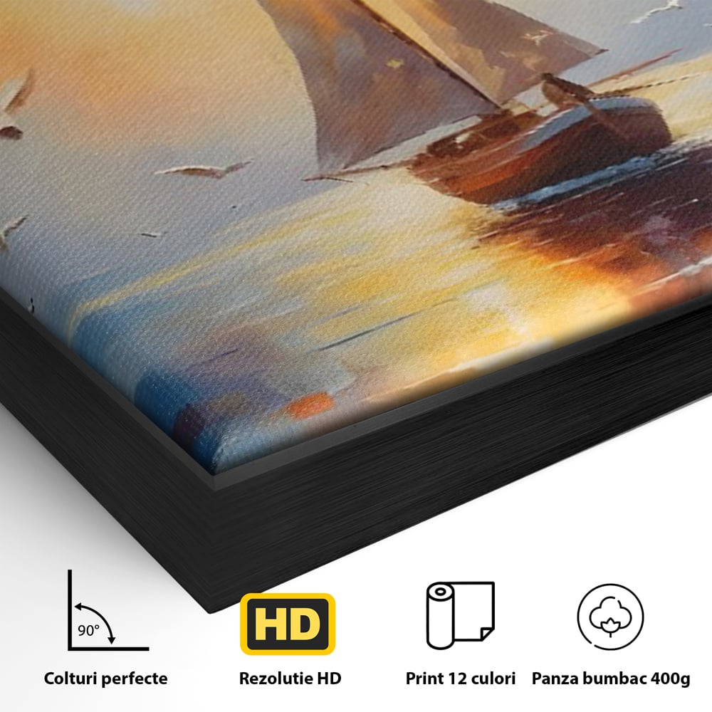 Detaliu al suprafetei: tablou canvas cu barca cu panze pe marea luminata de soare, in rama de aluminiu negru