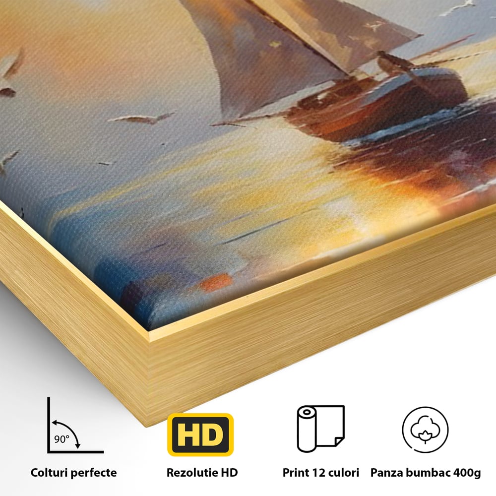 Detaliu al suprafetei: tablou canvas cu barca cu panze pe marea luminata de soare, in rama de aluminiu auriu
