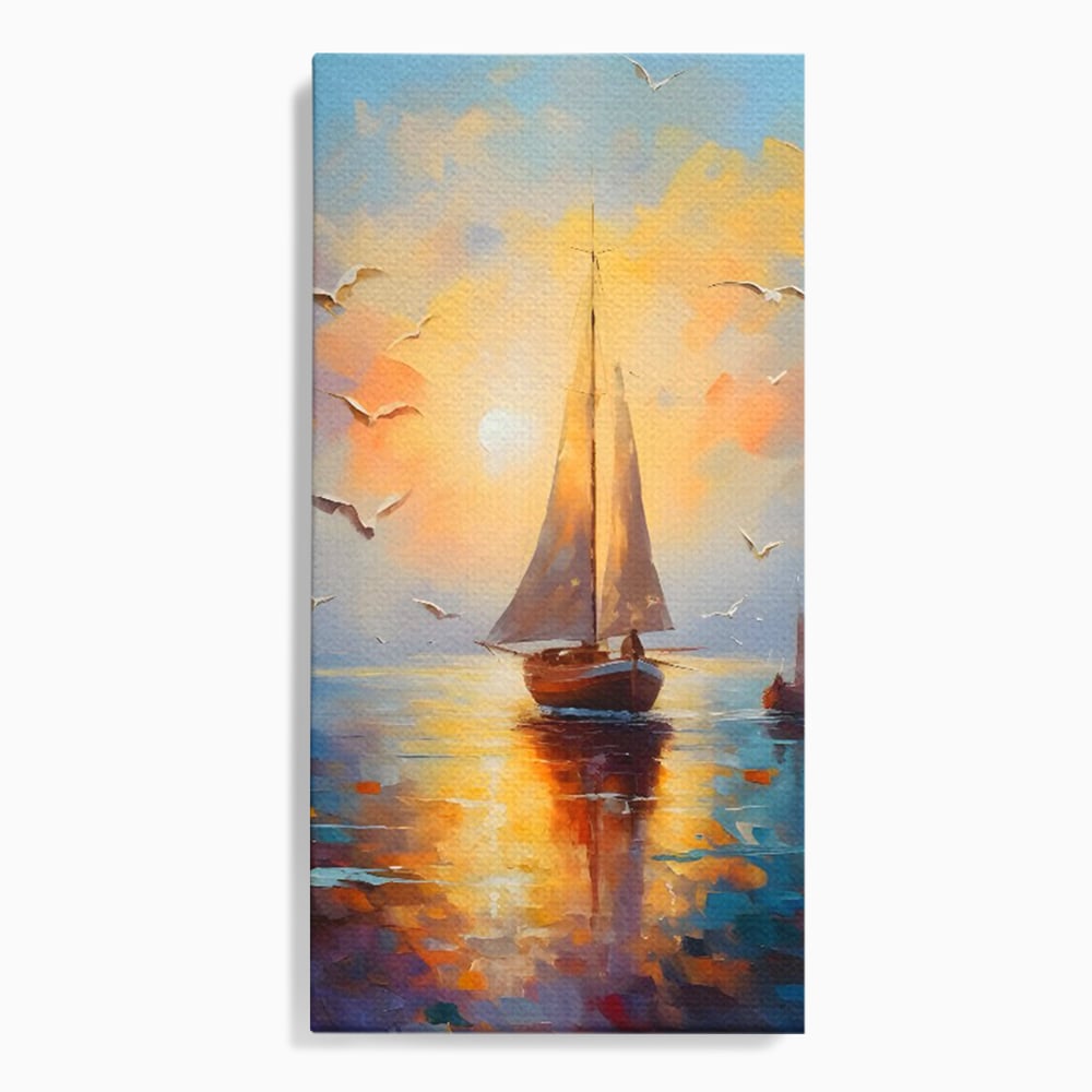 Tablou canvas cu tablou canvas cu barca cu panze pe marea luminata de soare, fara rama, pe sasiu de lemn