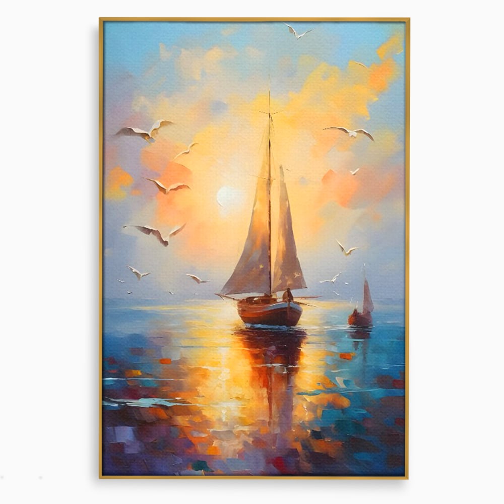 Tablou canvas cu tablou canvas cu barca cu panze pe marea luminata de soare, in rama de aluminiu auriu