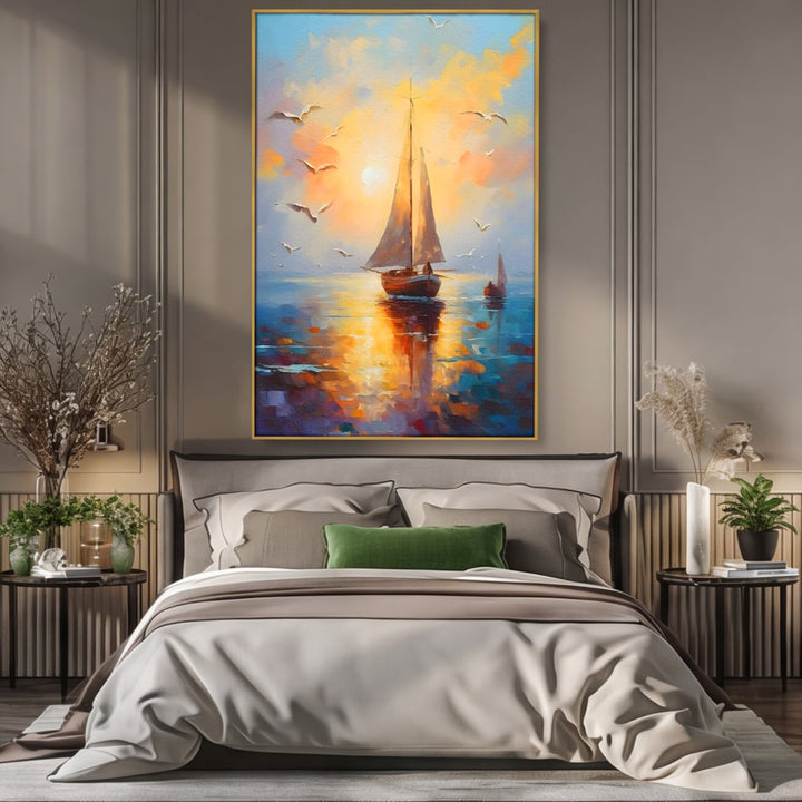 Tablou canvas cu tablou canvas cu barca cu panze pe marea luminata de soare, in rama de aluminiu auriu, pe perete intr-un dormitor